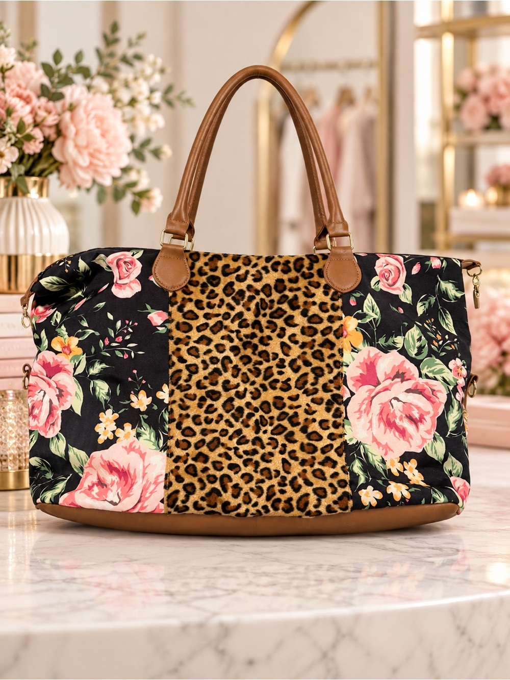 Floral & Leopard Print Tote Bag with Brown Handles